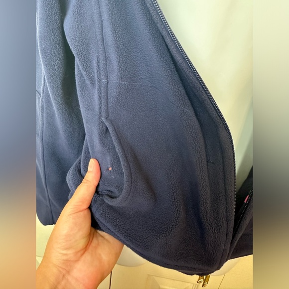 LILLY PULITZER Fleece Jacket Coat Navy Blue Pink Palm Tree Pockets Elbow Patch - Picture 7 of 16